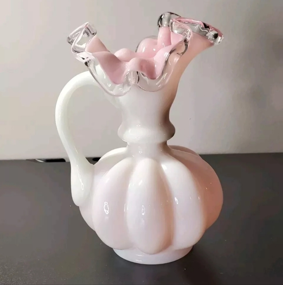 Vintage Fenton Peach Crest Melon Jug Pitcher Vase Pink White Ruffled UV Reactive